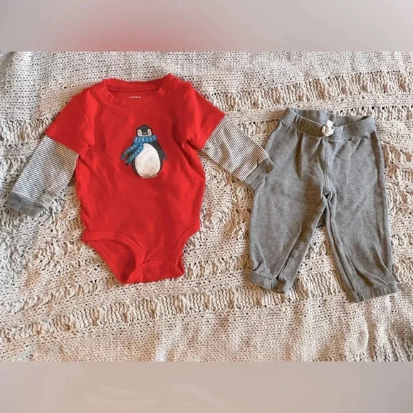 Carter’s 6-9 months gray sweatpants and red long sleeve penguin onesie set - Picture 1 of 4
